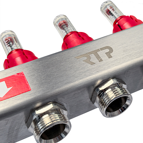 Коллекторная группа с регулирующими клапанами, расходомерами, воздухоотводчиками, обратными и дренажными клапанами, кронштейном (евроконус 3/4) нержавеющая сталь SUS 304 1х 3 выхода, RTP