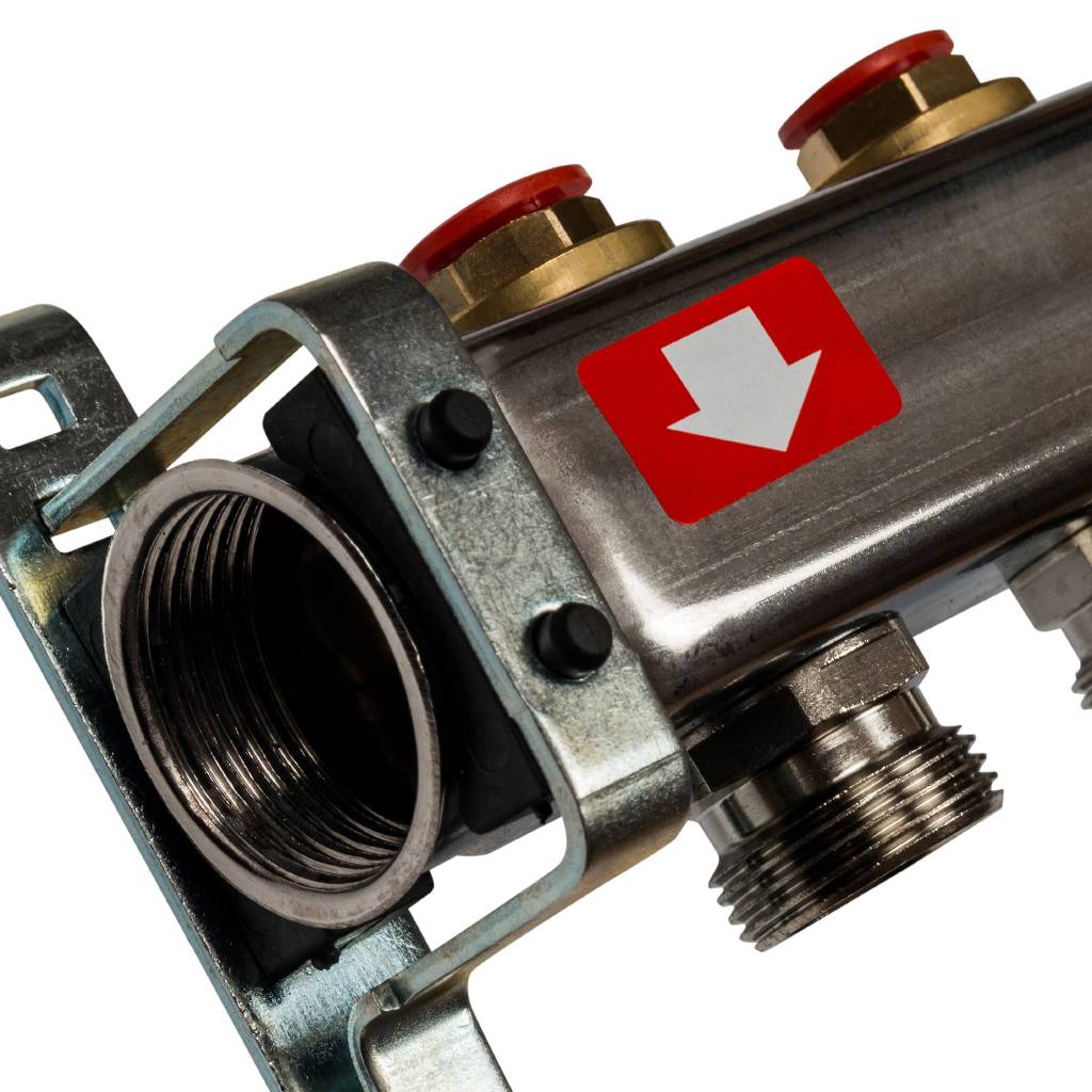 Коллектор из нержавеющей стали без расходомеров, с клапаном вып. воздуха и сливом STOUT 4 выхода