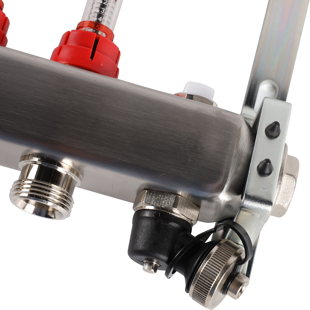 Коллектор из нержавеющей стали с расходомерами ROMMER, с клапаном вып. воздуха и сливом 9 выходов, RMS-1201-000009