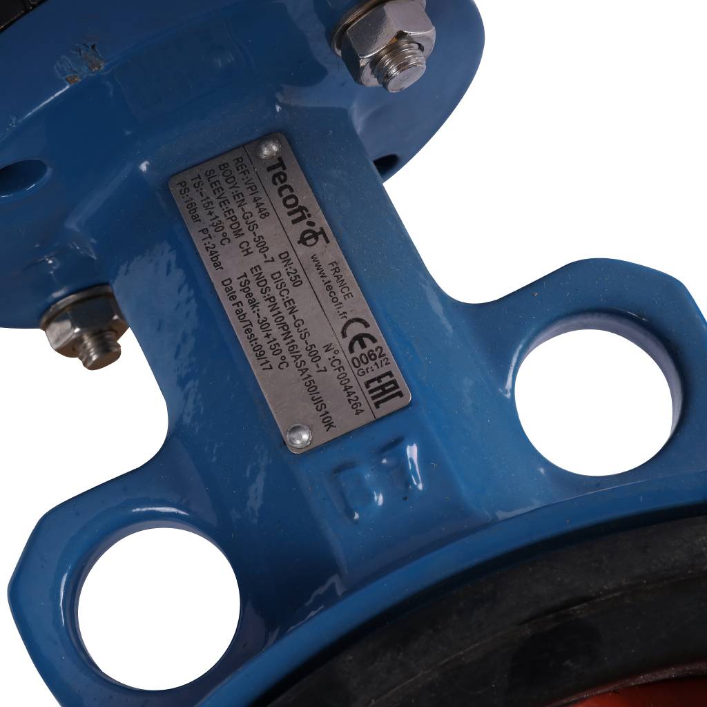 Затвор поворотно-дисковый Tecofi VPI4448 DN 250 PN 16 межфланцевый с ручкой из чугуна EPDM