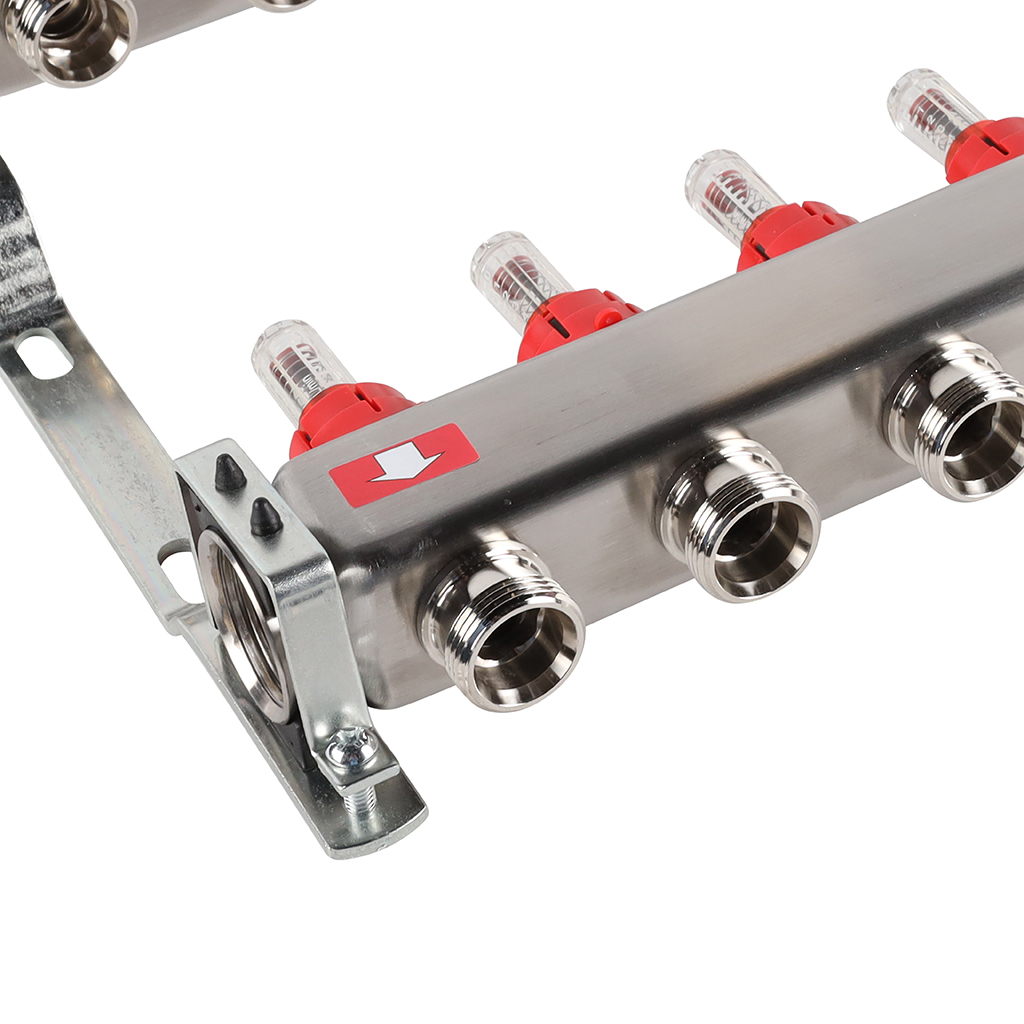 Коллектор из нержавеющей стали с расходомерами ROMMER, с клапаном вып. воздуха и сливом 8 выходов, RMS-1201-000008