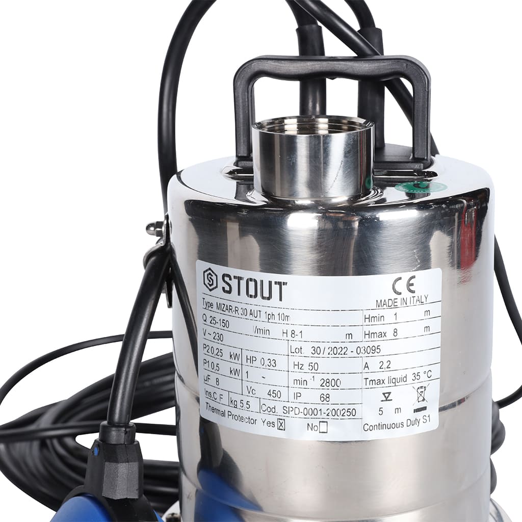 Насос дренажный STOUT с поплавком, кабель 10 м, 230V, Q=150 л/мин, H=8 м