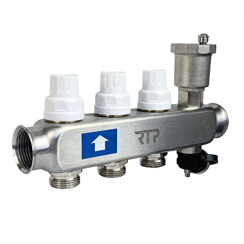 Коллекторная группа с регулирующими клапанами, расходомерами, воздухоотводчиками, обратными и дренажными клапанами, кронштейном (евроконус 3/4) нержавеющая сталь SUS 304 1х 3 выхода, RTP