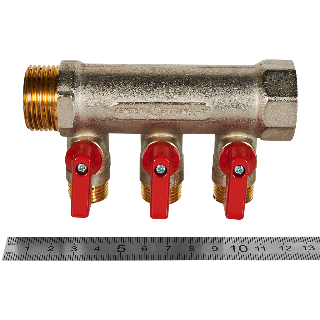 Коллектор с шаровыми кранами 1, 3 отвода 1/2  (красные ручки)