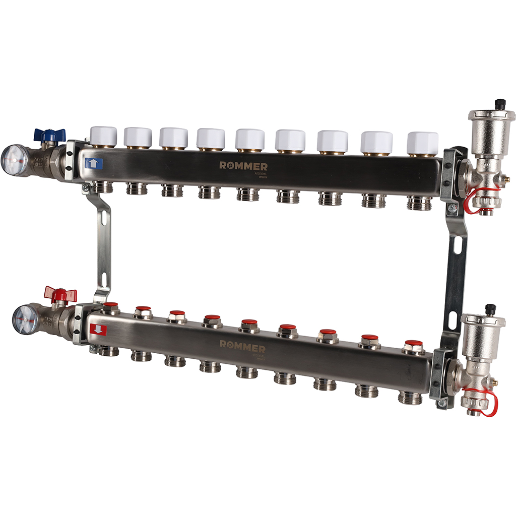 Коллектор из нержавеющей стали в сборе без расходомеров ROMMER 9 выходов, RMS-3210-000009