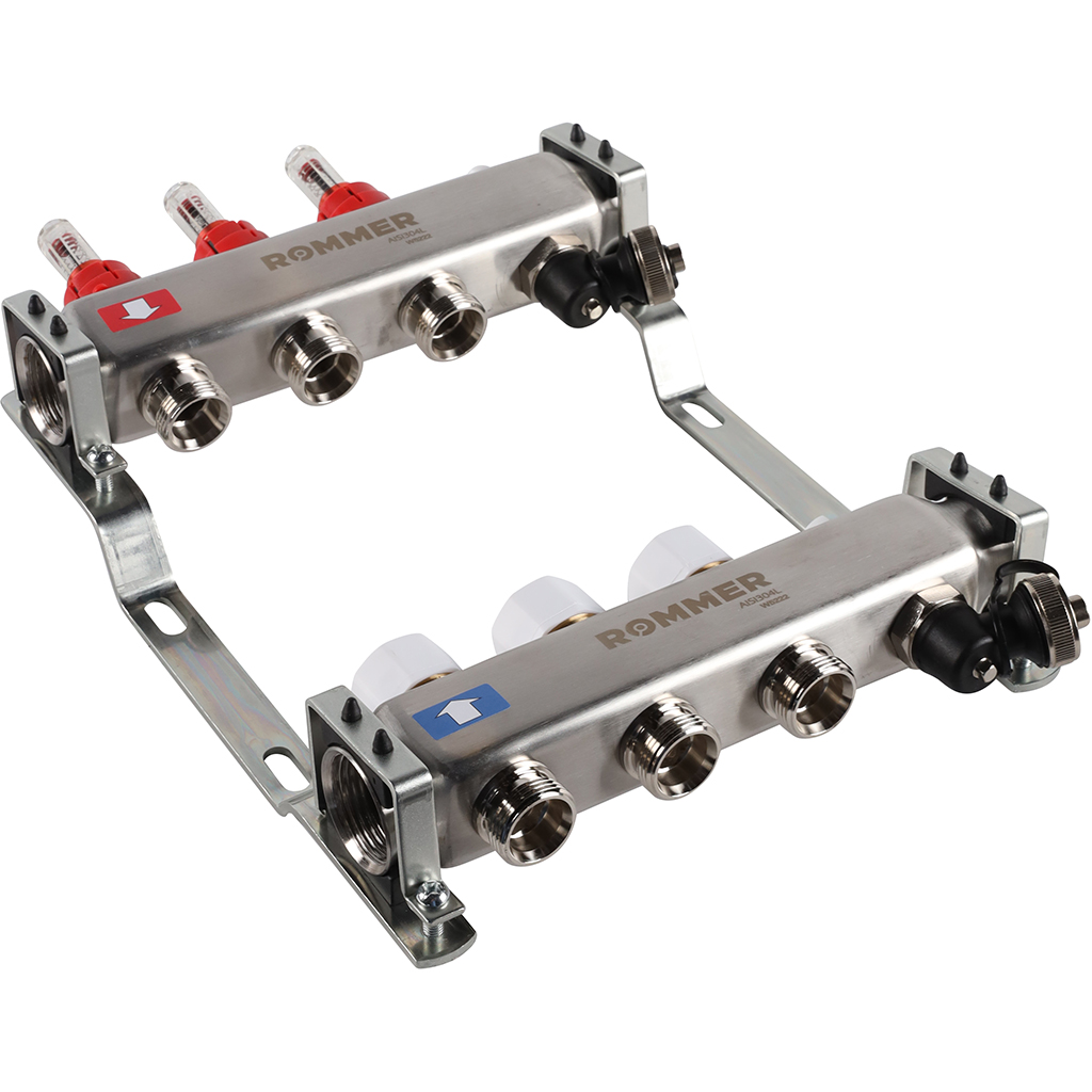 Коллектор из нержавеющей стали с расходомерами ROMMER, с клапаном вып. воздуха и сливом 3 выхода, RMS-1201-000003