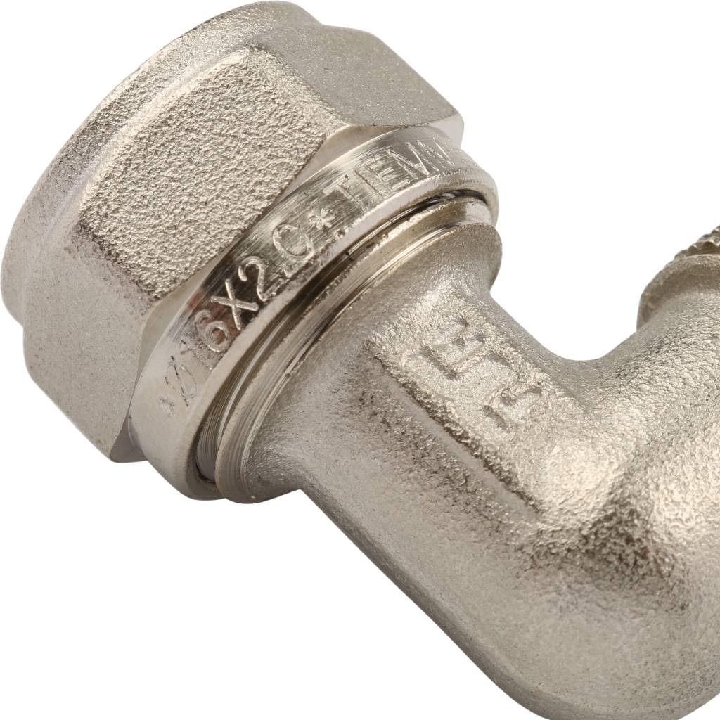 Угольник TIEMME с наружной резьбой (16х2.0х1/2) для металлопластиковых труб винтовой, 1600013