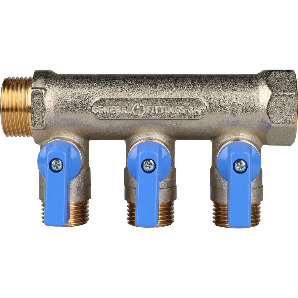 Коллектор с шаровыми кранами STOUT 3/4 , 3 отвода 1/2  (синие ручки)