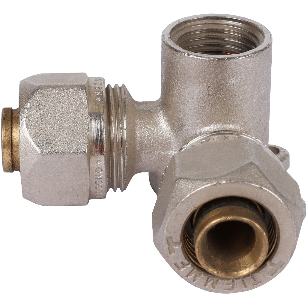 Тройник TIEMME с креплением, внутренняя резьба (20х2.0х1/2) для металлопластиковых труб винтовой