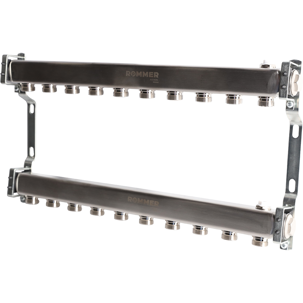 Коллектор из нержавеющей стали ROMMER для радиаторной разводки 10 выходов, RMS-4401-000010