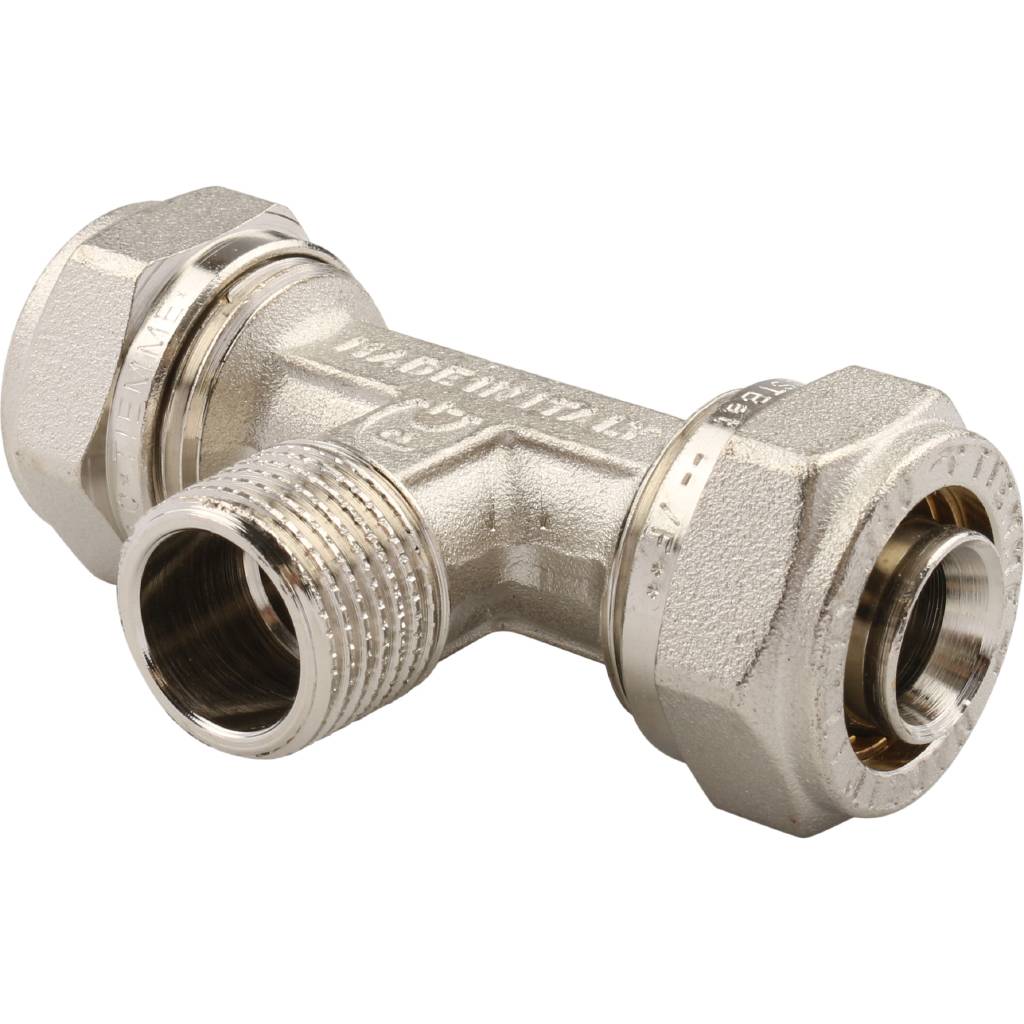 Тройник TIEMME с наружной резьбой (20х2.0х1/2) для металлопластиковых труб винтовой, 1600058