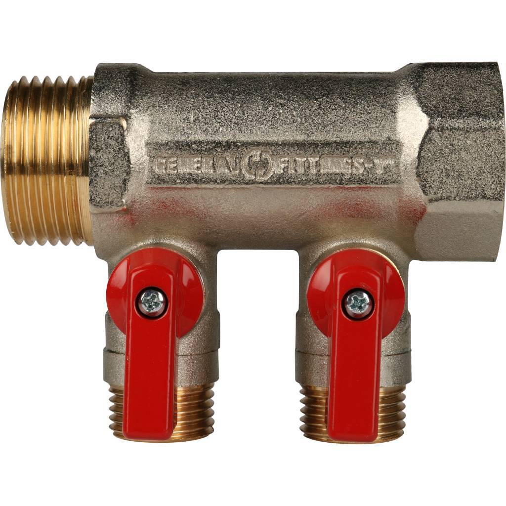 Коллектор с шаровыми кранами STOUT 1, 2 отвода 1/2  (красные ручки)