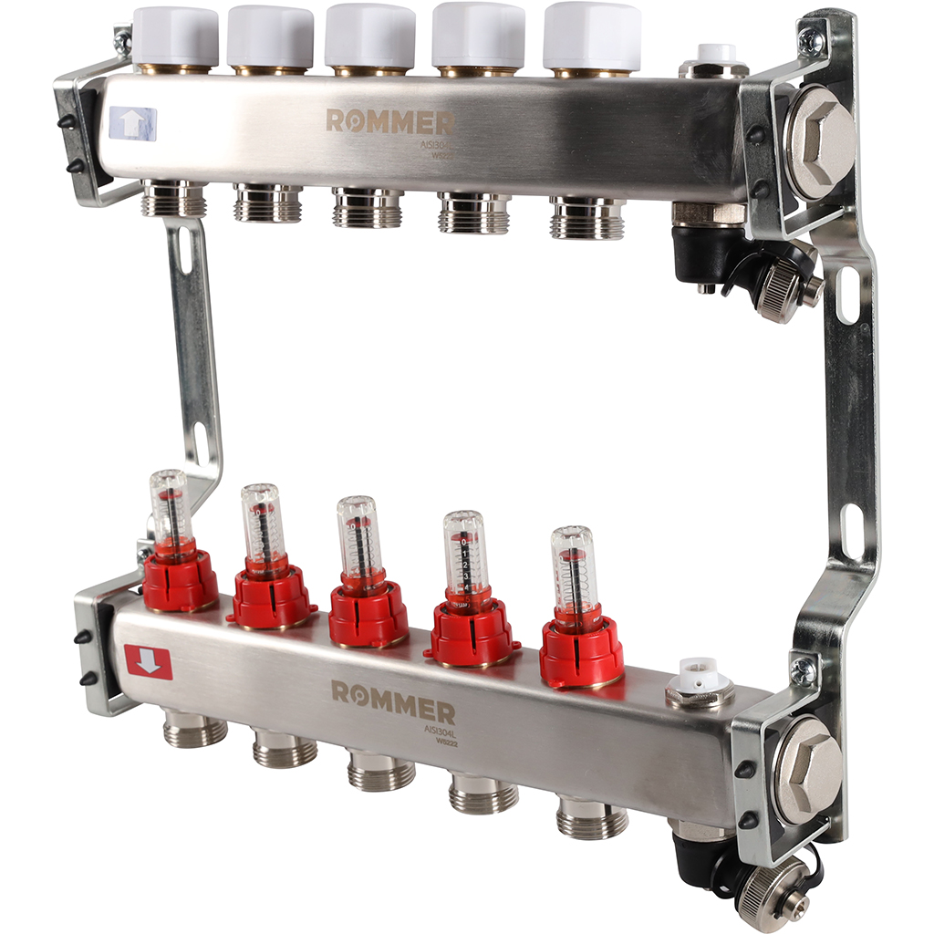Коллектор из нержавеющей стали с расходомерами ROMMER, с клапаном вып. воздуха и сливом 5 выходов, RMS-1201-000005