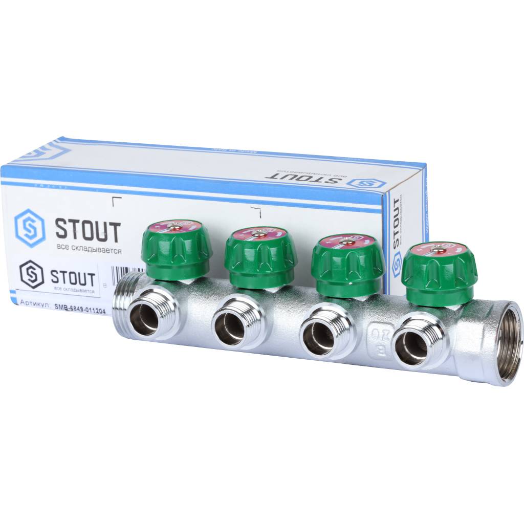 Коллектор регулирующий STOUT 1, 4 отвода 1/2  плоское уплотнение