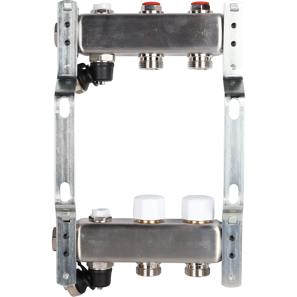 Коллектор из нержавеющей стали без расходомеров ROMMER, с клапаном вып. воздуха и сливом 2 выхода