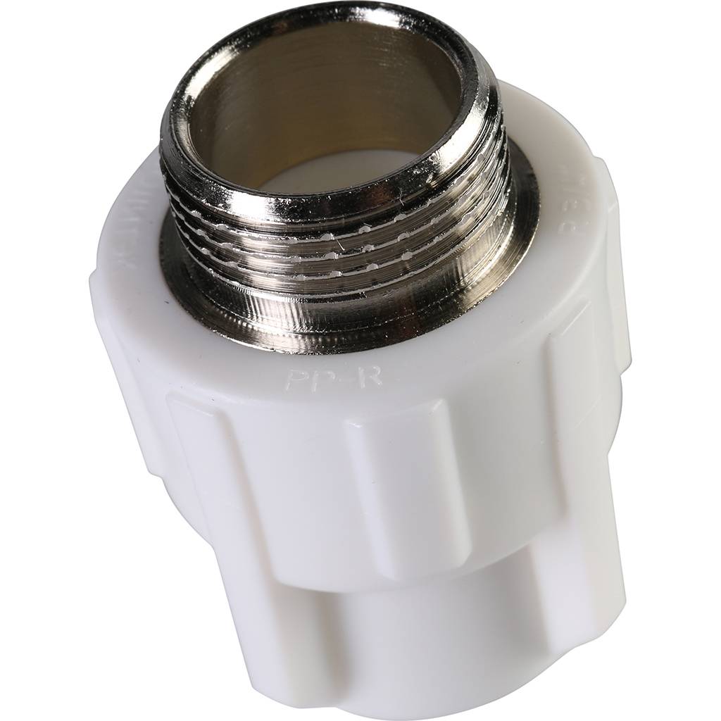 Муфта комбинированная Политэк 20х3/4 наруж. резьба для полипропиленовых труб под сварку (цвет белый)