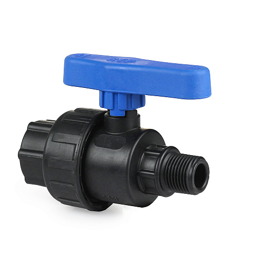 Кран шаровой компрессионный, полипропилен внутренняя/наружная резьба 1х1, для полиэтиленовых труб, РТП