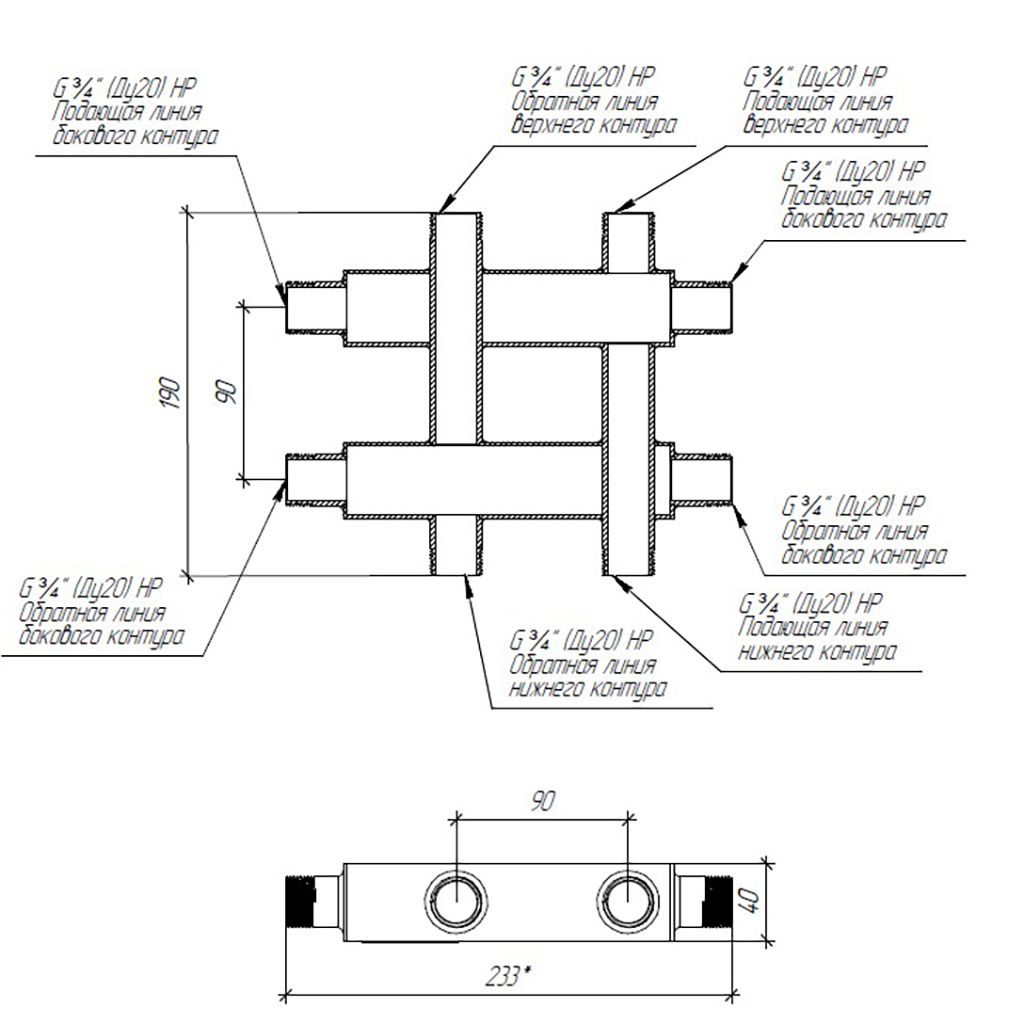 Модульный коллектор GIDRUSS MKSS-40-3DU (до 40 кВт, магистраль G, 3 контура G звездочкой)