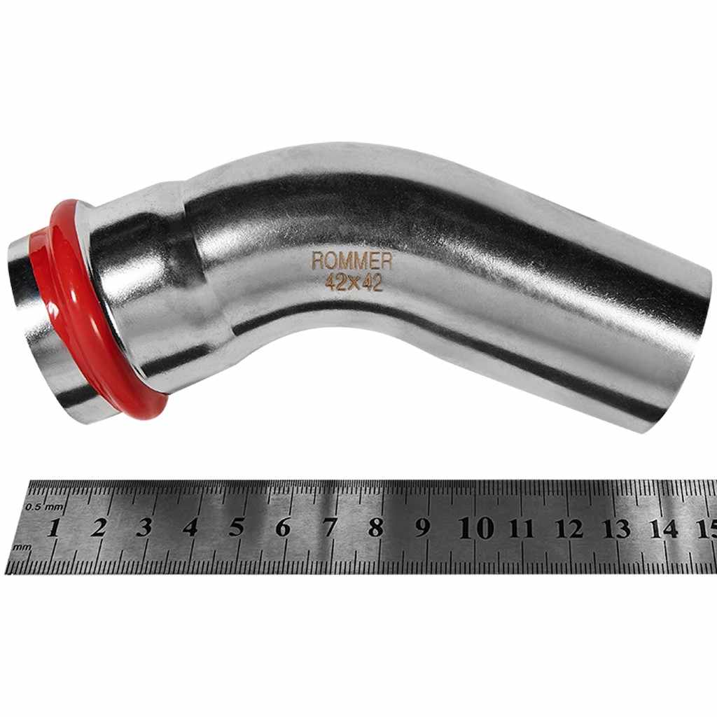 Угольник ROMMER однораструбный 45° ВПр-НПр, 42, из нержавеющей стали прессовой, RSS-1004-000042