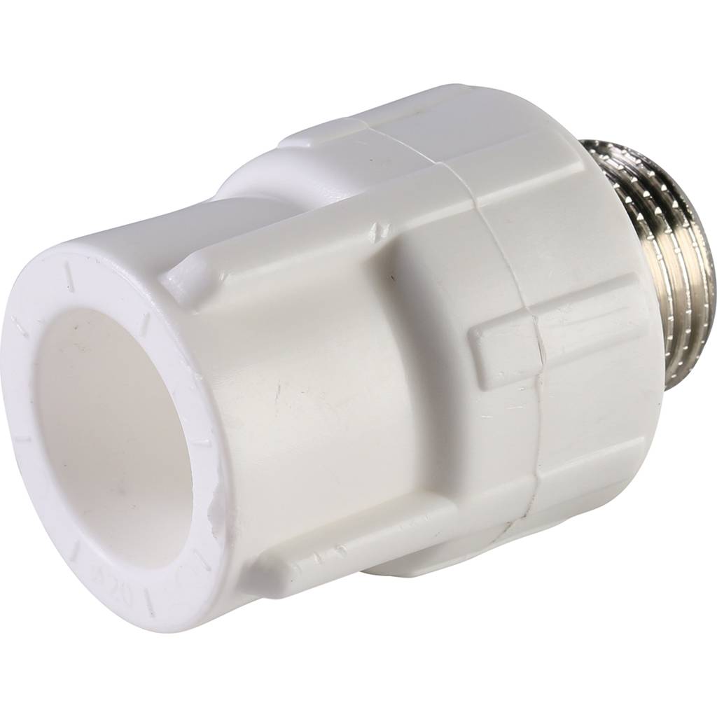 Муфта комбинированная Политэк 20х1/2 наруж. резьба для полипропиленовых труб под сварку (цвет белый), 9000002012