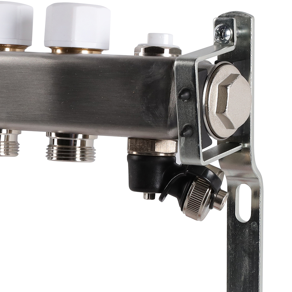 Коллектор из нержавеющей стали с расходомерами ROMMER, с клапаном вып. воздуха и сливом 5 выходов, RMS-1201-000005