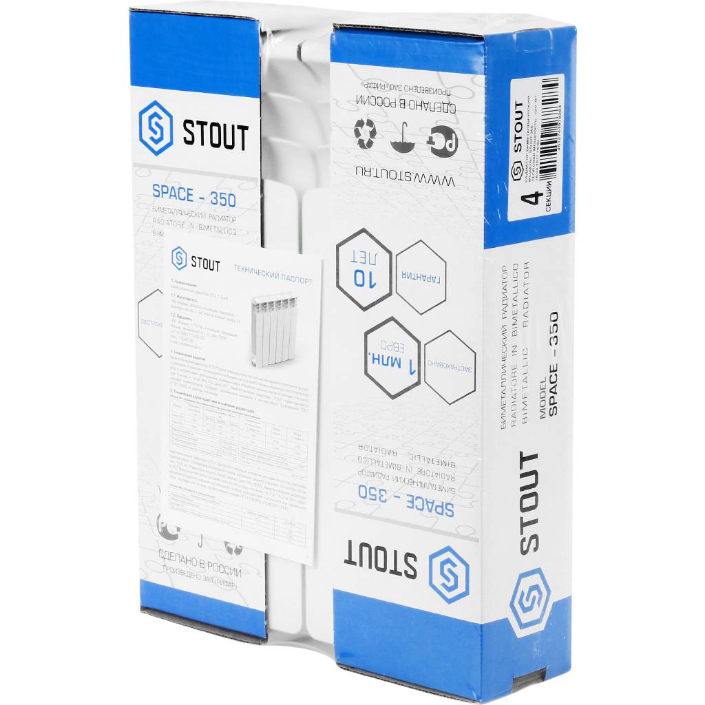 Радиатор биметаллический STOUT Space 350 4 секции боковое подключение RAL9016, SRB-0310-035004
