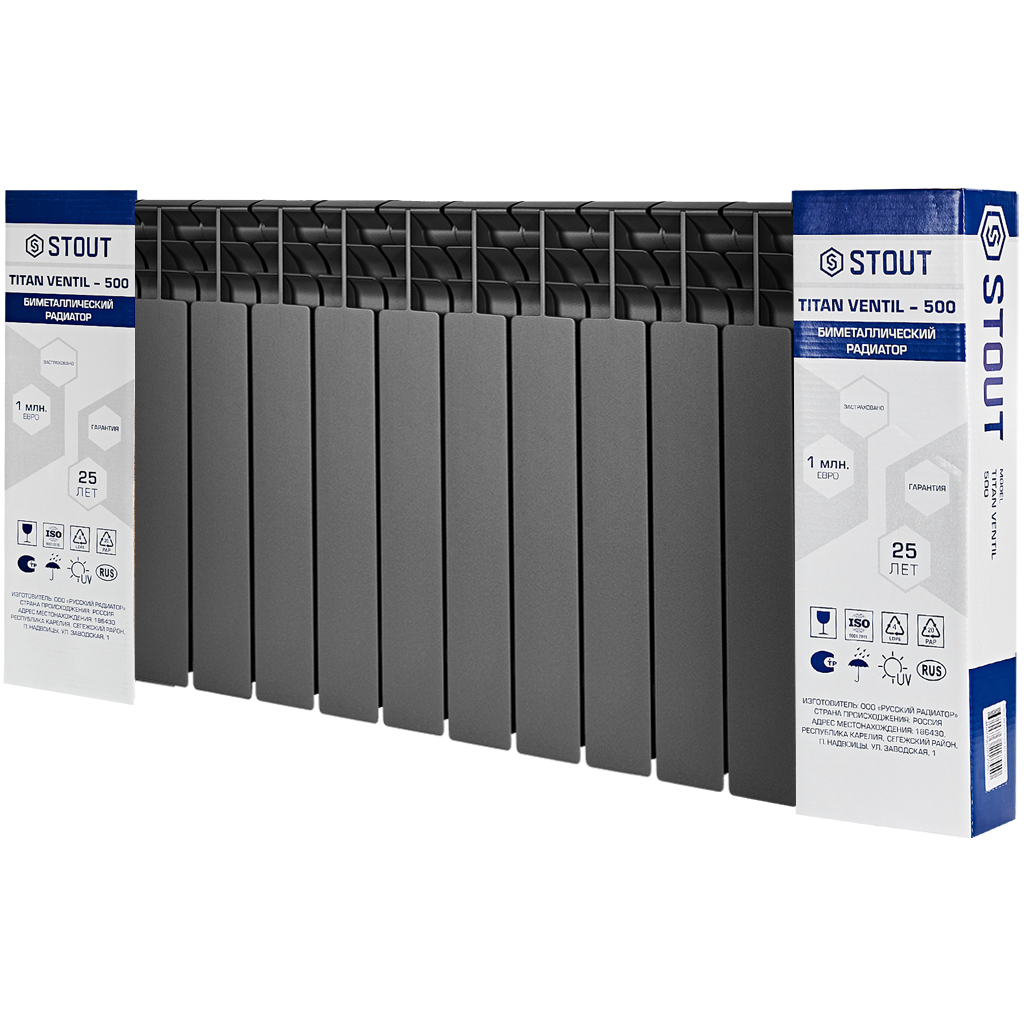 Радиатор биметаллический нижнее правое подключение STOUT TITAN VENTIL 500 14 секций (графит RAL 7024), SRB-3320-050014 7024