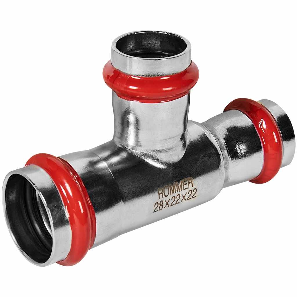 Тройник ROMMER переходной ВПр, 28х22х22, из нержавеющей стали прессовой, RSS-1014-282222