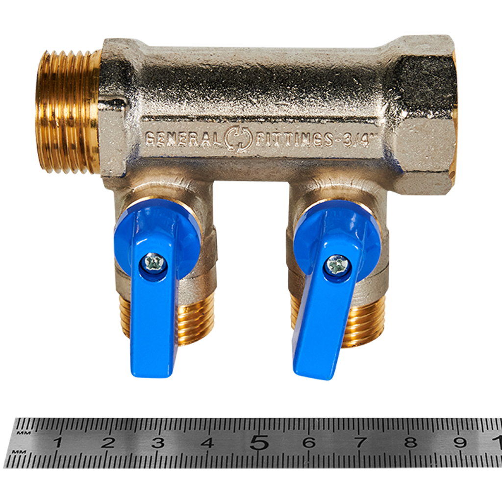 Коллектор с шаровыми кранами STOUT 3/4 , 2 отвода 1/2  (синие ручки)