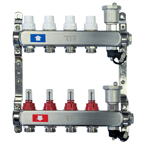 Коллекторная группа с регулирующими клапанами, расходомерами, воздухоотводчиками, обратными и дренажными клапанами, кронштейном (евроконус 3/4) нержавеющая сталь SUS 304 1х 4 выхода, RTP