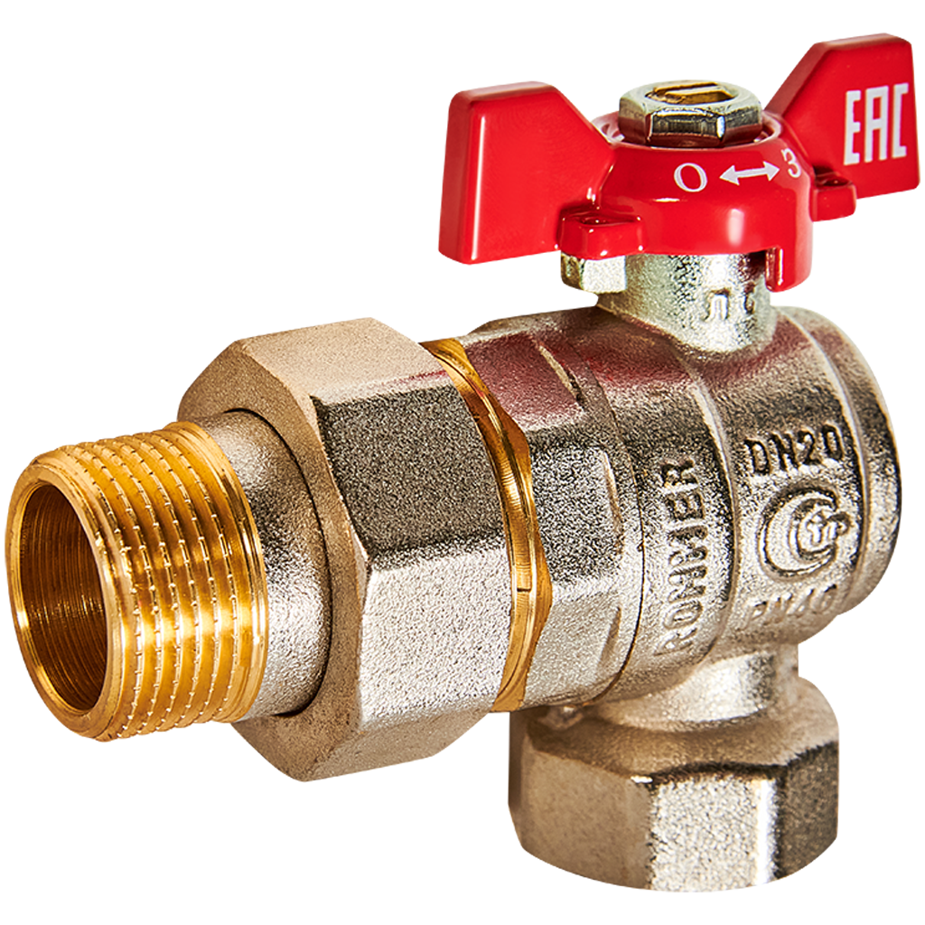 Кран шаровой угловой с американкой ROMMER ВР/НР, ручка бабочка 3/4