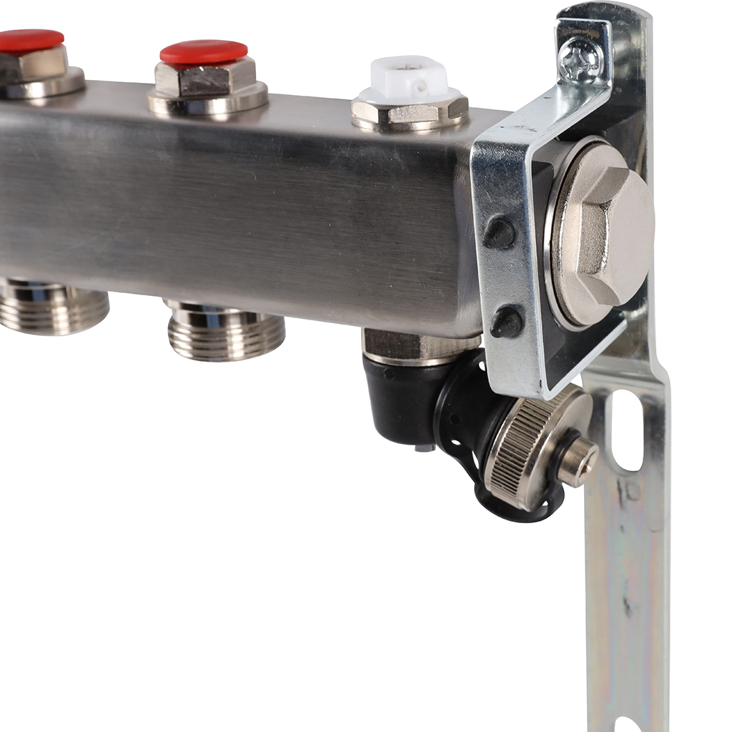 Коллектор из нержавеющей стали без расходомеров ROMMER, с клапаном вып. воздуха и сливом 8 выходов, RMS-3201-000008