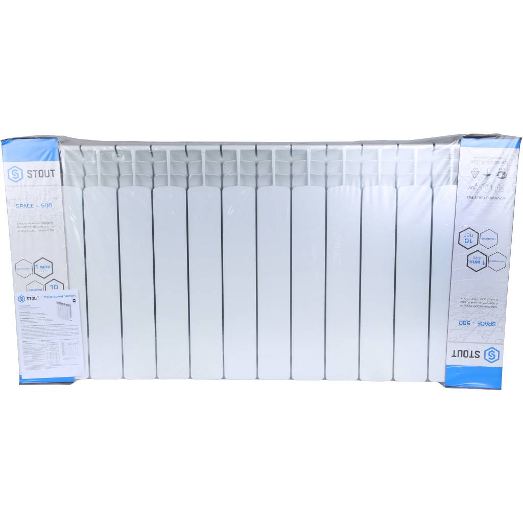 Радиатор биметаллический STOUT Space 500 12 секций нижнее правое подключение RAL9016, SRB-0320-050012