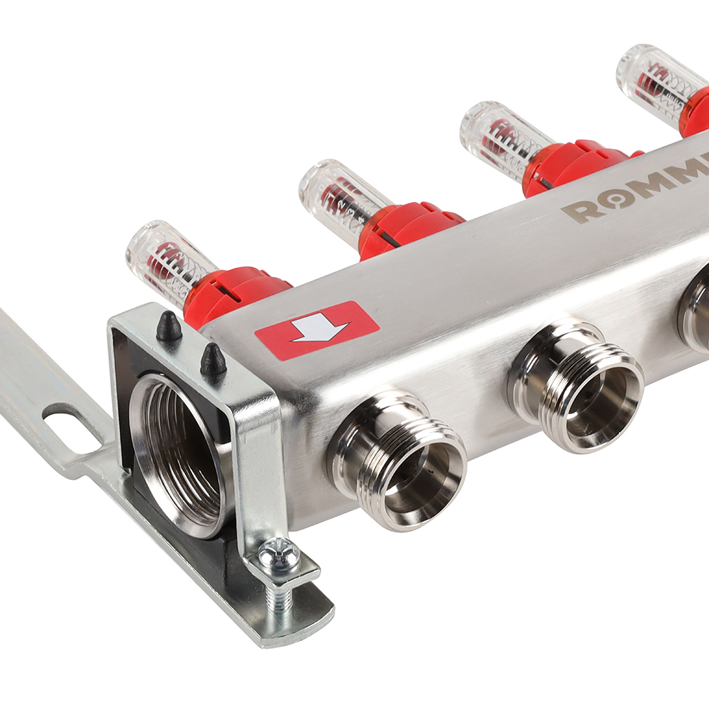 Коллектор из нержавеющей стали с расходомерами ROMMER, с клапаном вып. воздуха и сливом 4 выхода