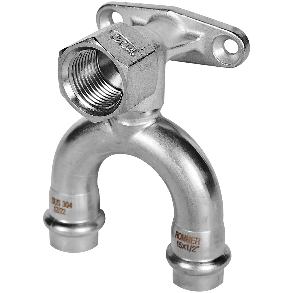 Угольник ROMMER проходной настенный с креплением ВПр-ВР, 15х1/2, из нержавеющей стали прессовой, RSS-1012-001512