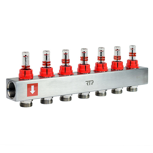 Коллекторная группа с расходомером и кронштейном (евроконус 3/4) нержавеющая сталь SUS 304 1х 7 выходов, RTP