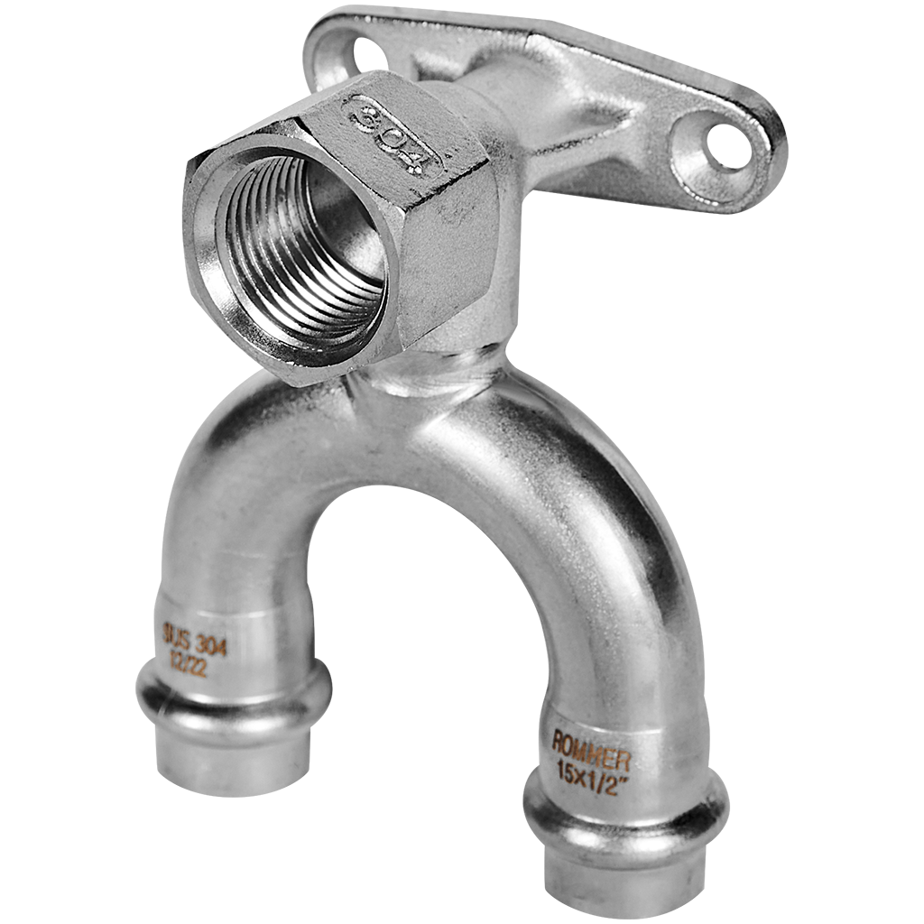 Угольник ROMMER проходной настенный с креплением-ВР, 15х1/2, из нержавеющей стали прессовой
