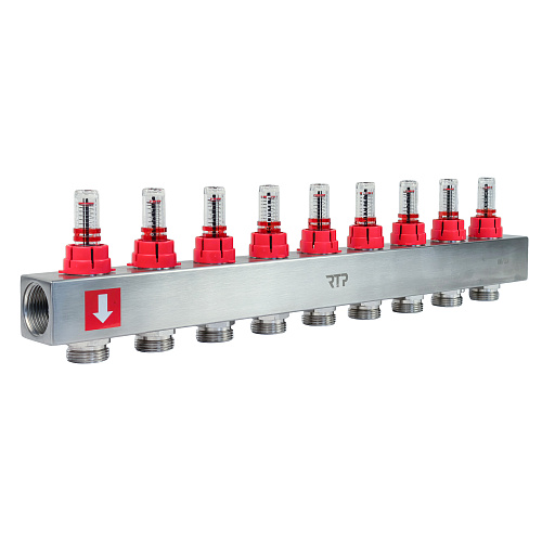 Коллекторная группа с расходомером и кронштейном (евроконус 3/4) нержавеющая сталь SUS 304 1х 9 выходов, RTP