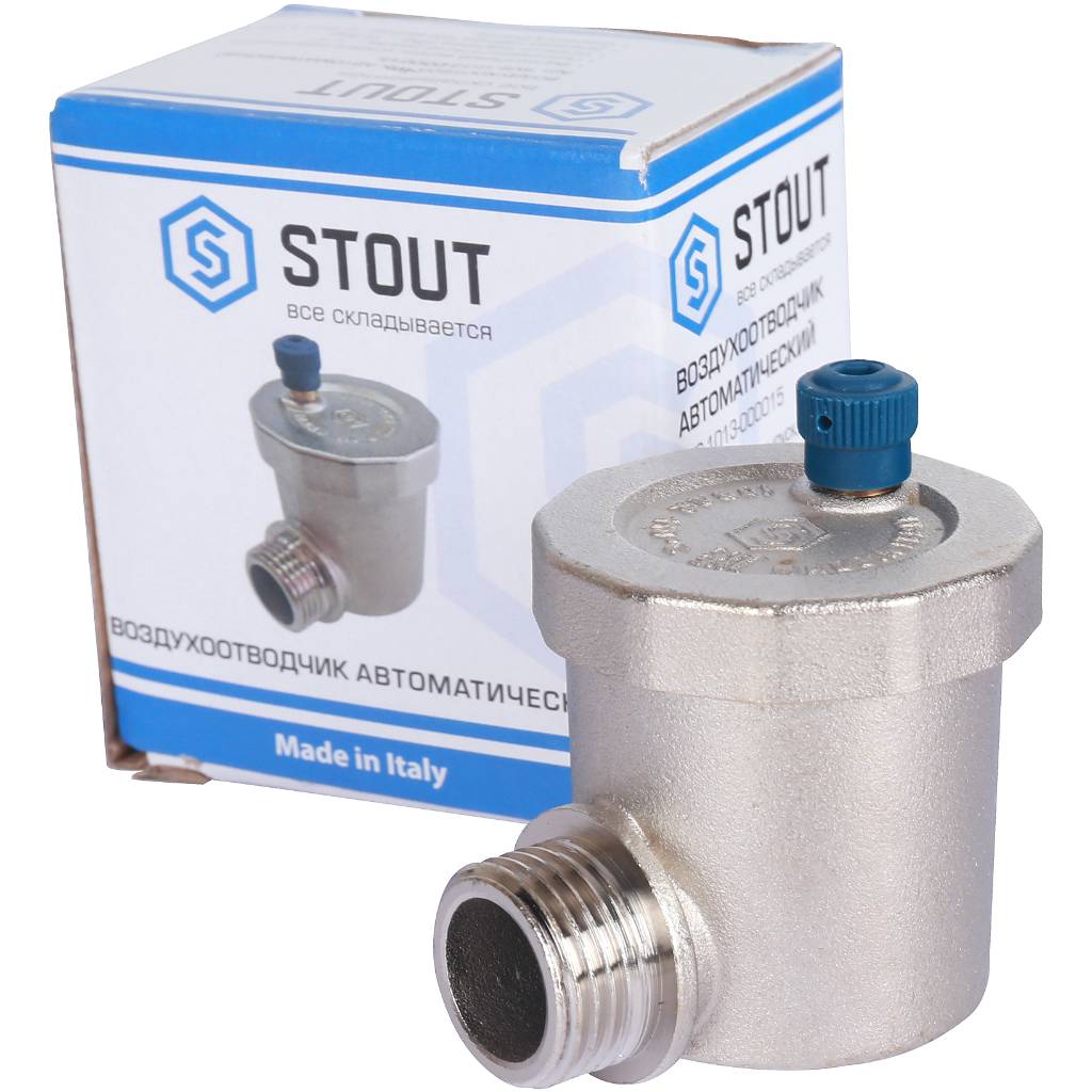 Воздухоотводчик автоматический вертикальный выпуск STOUT угл.подкл. нар.р. 1/2 никель