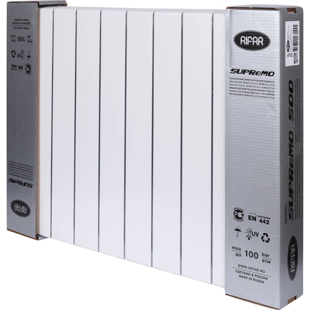 Радиатор биметаллический RIFAR SUPReMO 500 10 секций боковое подключение (белый RAL 9016), 4RS50-10