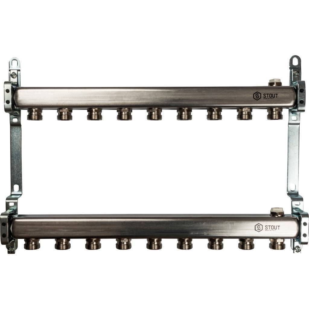 Коллектор из нержавеющей стали для радиаторной разводки STOUT 9 выходов