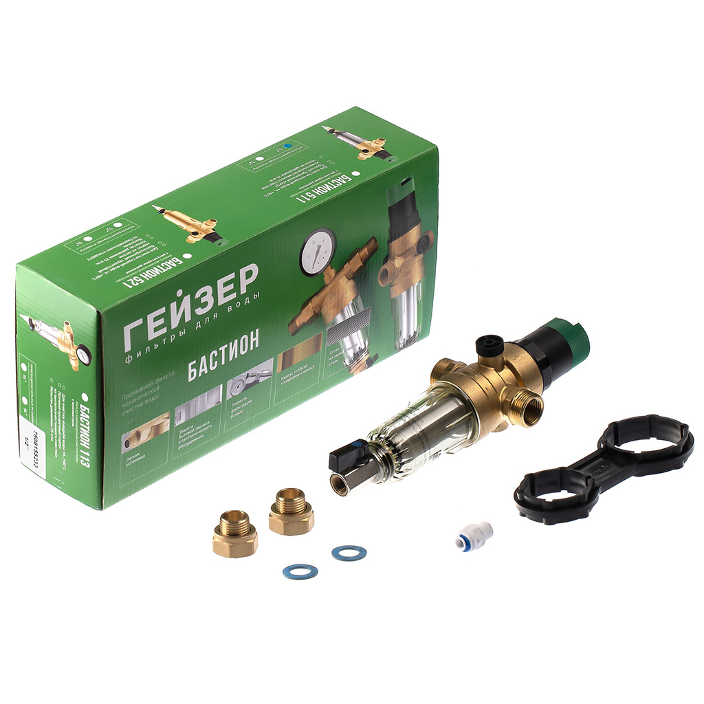 Фильтр самопромывной Гейзер-Бастион 7508155233 1/2 для холодной воды, с регулятором давления, d52,5, 32681
