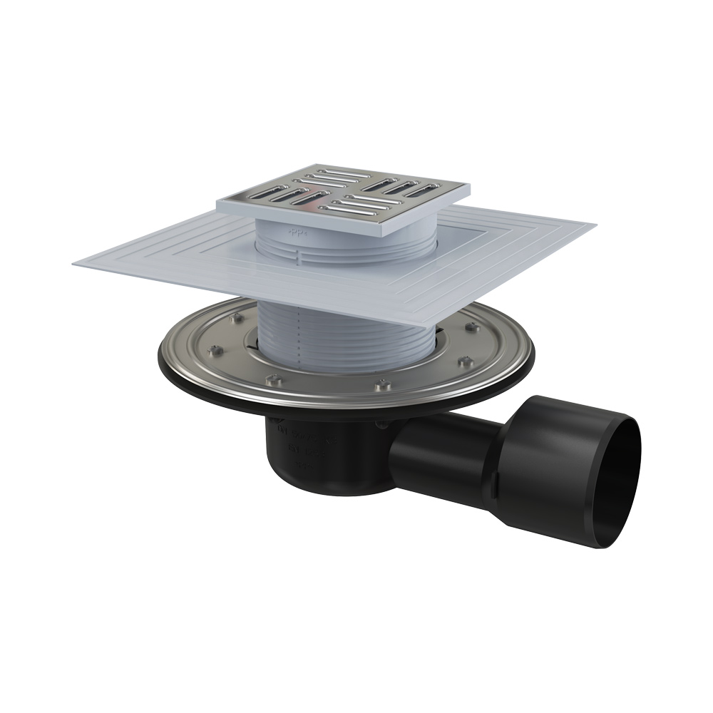 Сливной трап AlcaPlast 105x105/50/75 мм боковой сток, решетка из нержавеющей стали, фланец из нержавеющей стали, воротник изоляции 2–го уровня, гидрозатвор сухой и мокрый, APV3344