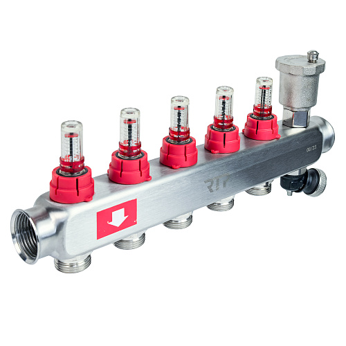 Коллекторная группа с регулирующими клапанами, расходомерами, воздухоотводчиками, обратными и дренажными клапанами, кронштейном (евроконус 3/4) нержавеющая сталь SUS 304 1х 5 выходов, RTP