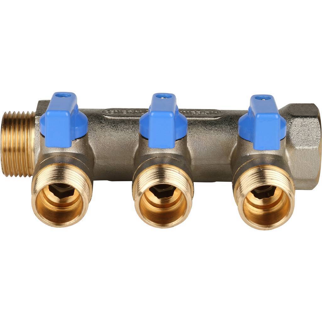 Коллектор с шаровыми кранами STOUT 3/4 , 3 отвода 1/2  (синие ручки)