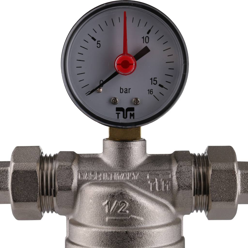 Фильтр с манометром TIEMME 1/2 со сгонами, с прозрачной пластиковой колбой, промывной, 3130002