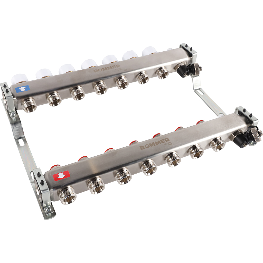 Коллектор из нержавеющей стали без расходомеров ROMMER, с клапаном вып. воздуха и сливом 7 выходов, RMS-3201-000007