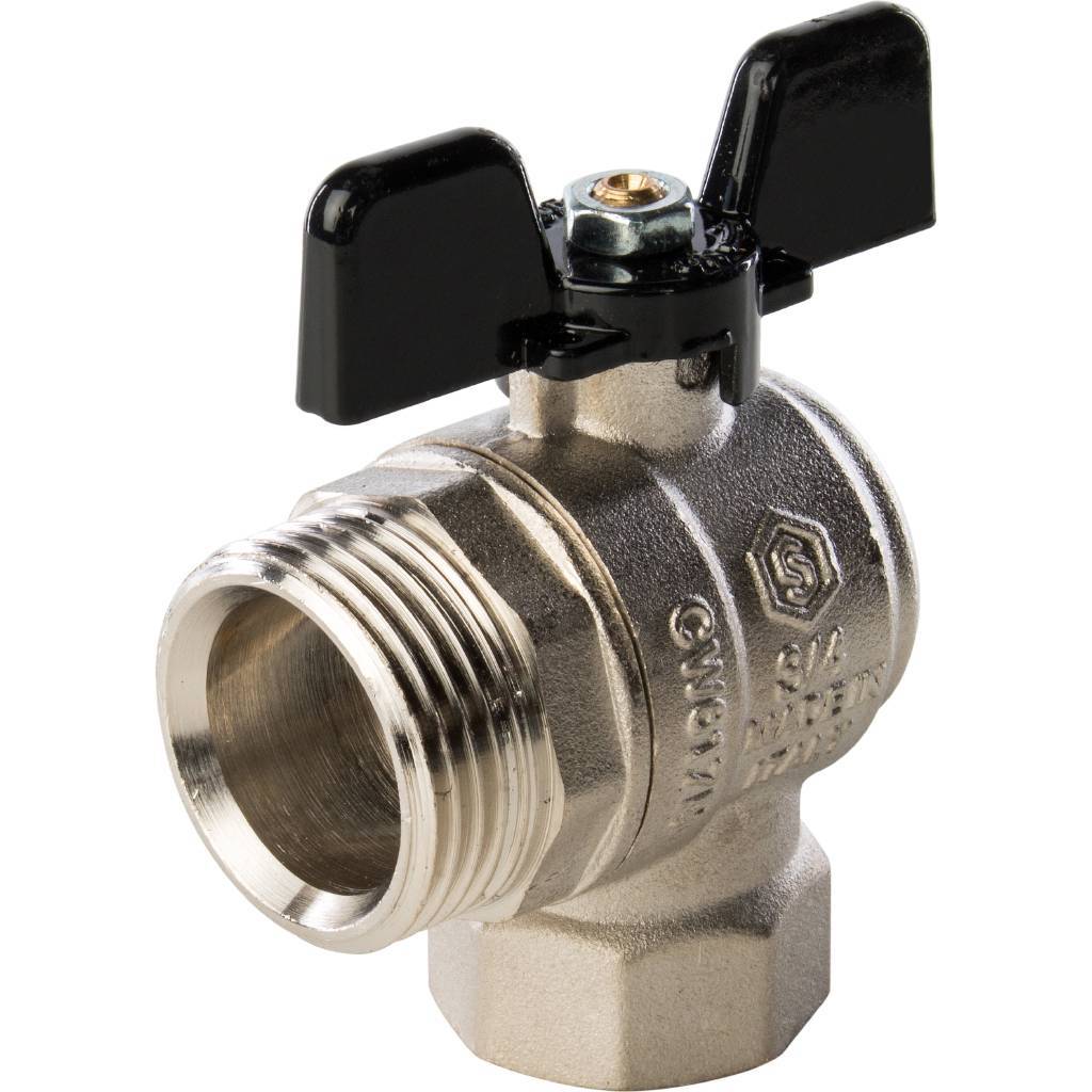 Кран шаровой полнопроходной STOUT угловой, ВР/НР, ручка бабочка 3/4, американка, SVB-0008-000020