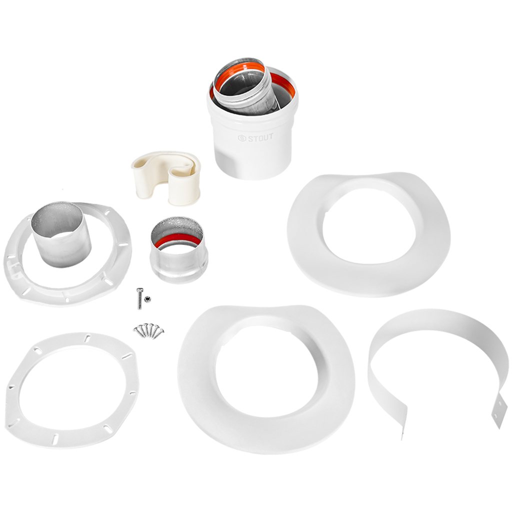 STOUT SCR-6010-250200 STOUT Адаптер подключения УНИВЕРСАЛЬНЫЙ вертик. традиц. коакс. D60(м-м)/100(п-м) (хомут, фланец, втулка, адаптер) кроме Immergas, Navien D75/100 стар., SCR-6010-250200