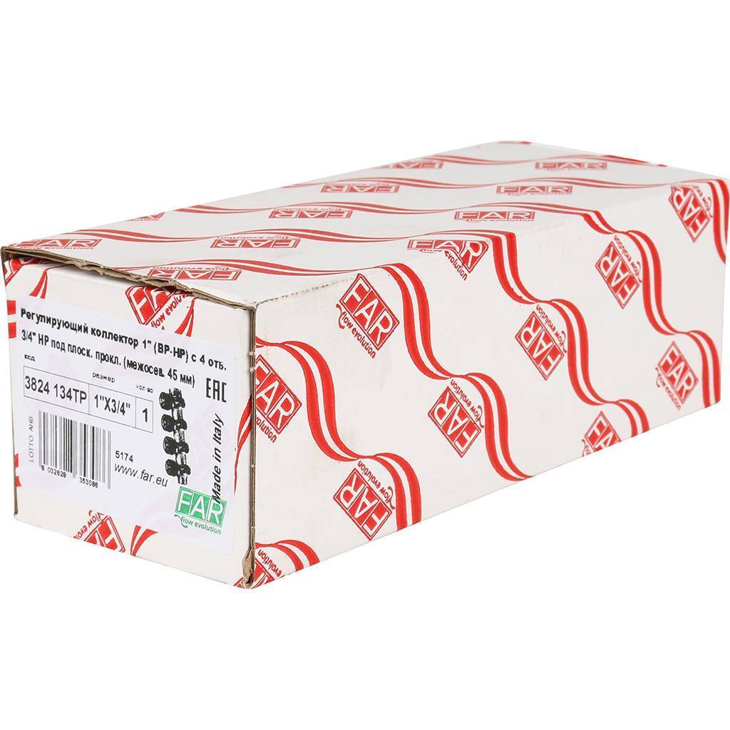 Коллектор распределительный FAR 1 , проходной, хромированный, 4 отвода 3/4  плоское уплотнение